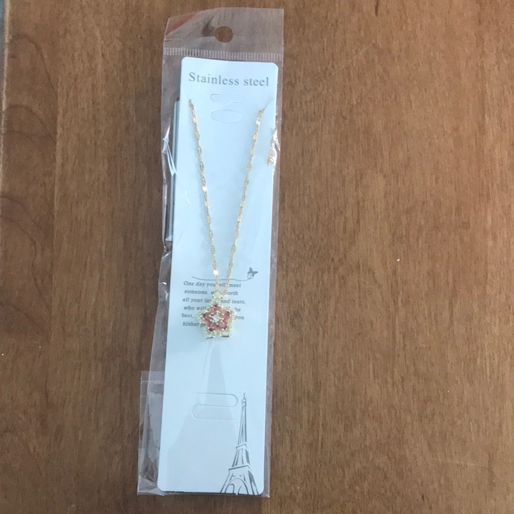 Gold-Tone Necklace with Pink Flower Pendant